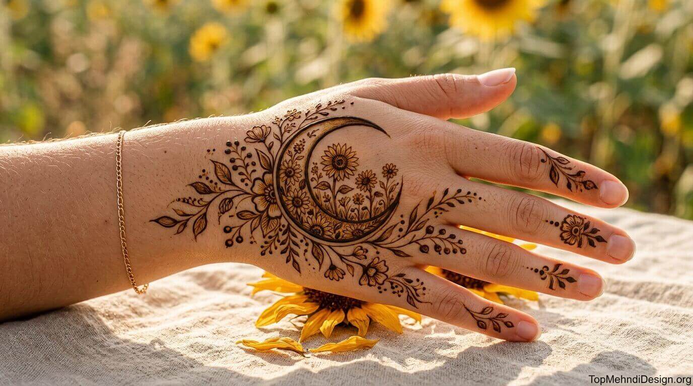 Moon Mehndi Design for Back Hand 2026